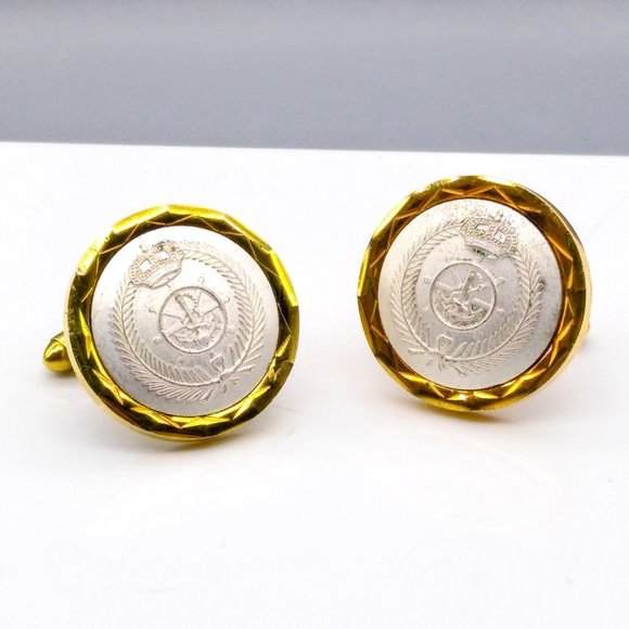 Vintage Nautical Military Remembrance Cufflinks, Gold Tone and White Navy Retro